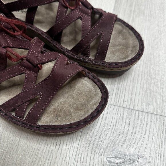 NAOT Yarrow Leather Ghillie Lace-Up Wedge Sandals Burgundy Women EU 37 US 6 - Picture 7 of 8